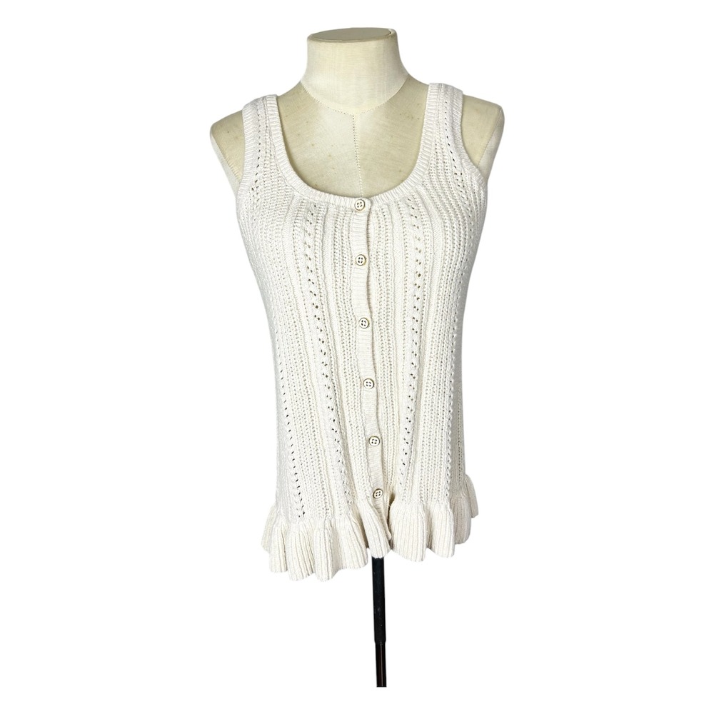 Lands End Womens Small Ivory Pointelle Knit Button Front Ruffle Hem Tank Top